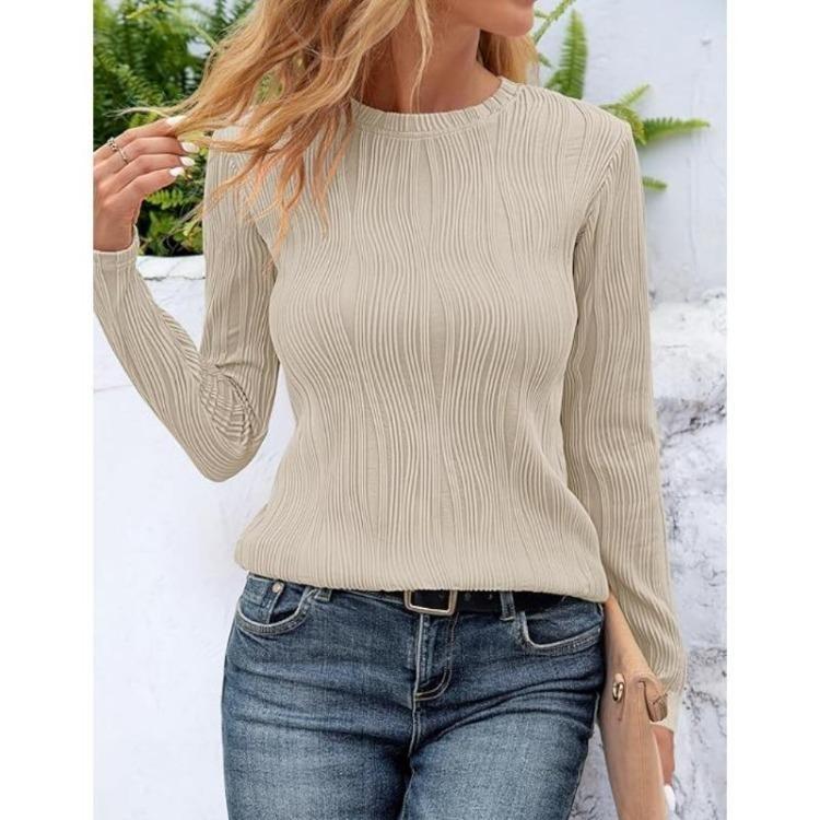 Women Long Sleeve Solid Color Top Round Neck Shirt for Autumn Winter
