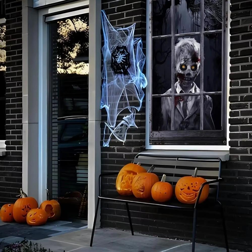 2PCS 2D Flat Scary Halloween Window Cover Super Terrifying Blood-Themed Scary Halloween Backdrops Polyester Fiber