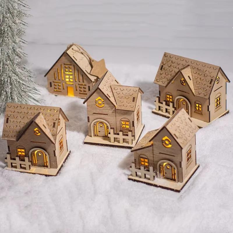 Christmas Led Light Wooden House Village Decorations Glowing Cabin Ornament Xmas House Desktop Ornament Holiday Home Decor