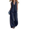 Women's Fashion Casual Solid V-Neck Ruched Loose Sleeveless Casual Wide Leg Pants Two Piece Set