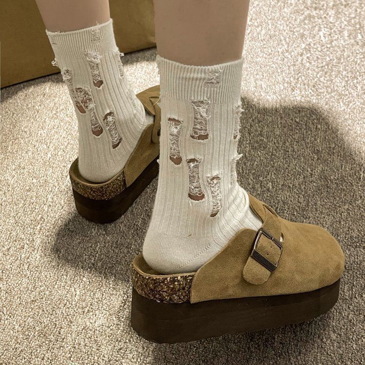 Muffin shoes cork tide inner height increase women's wear half drag fashion Birkenstocks thick-soled Birkenstocks head