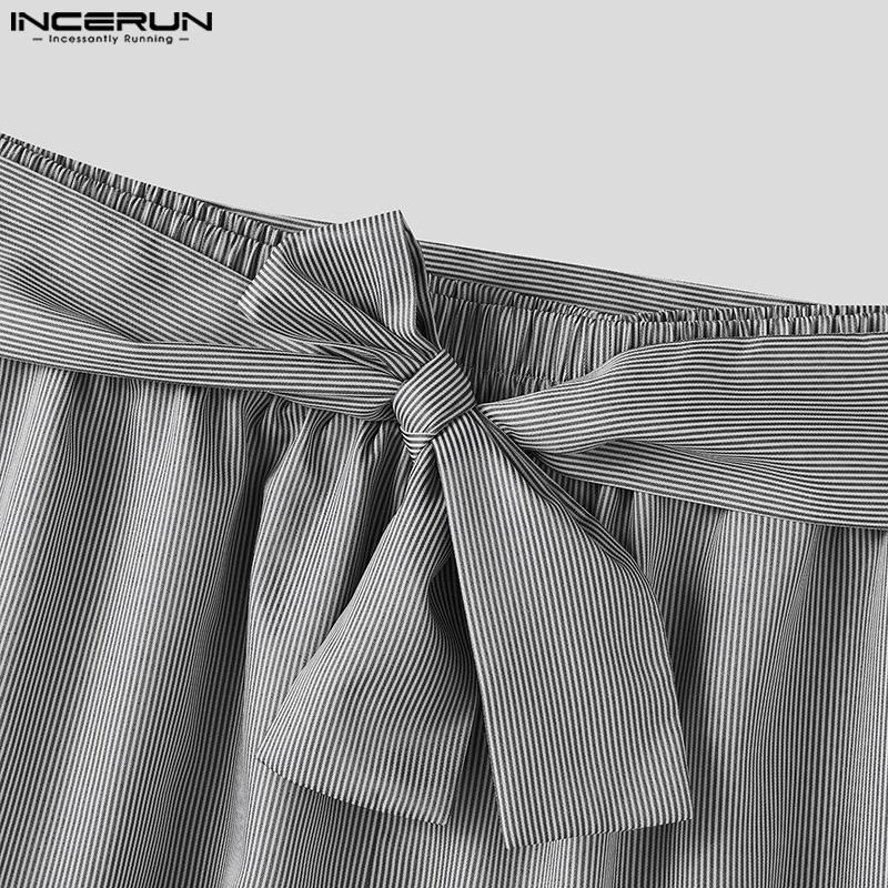 INCERUN Two Piece Suit Summer Men Short Sleeve Front Cross Shirts Bandage Pants Outfits Sets