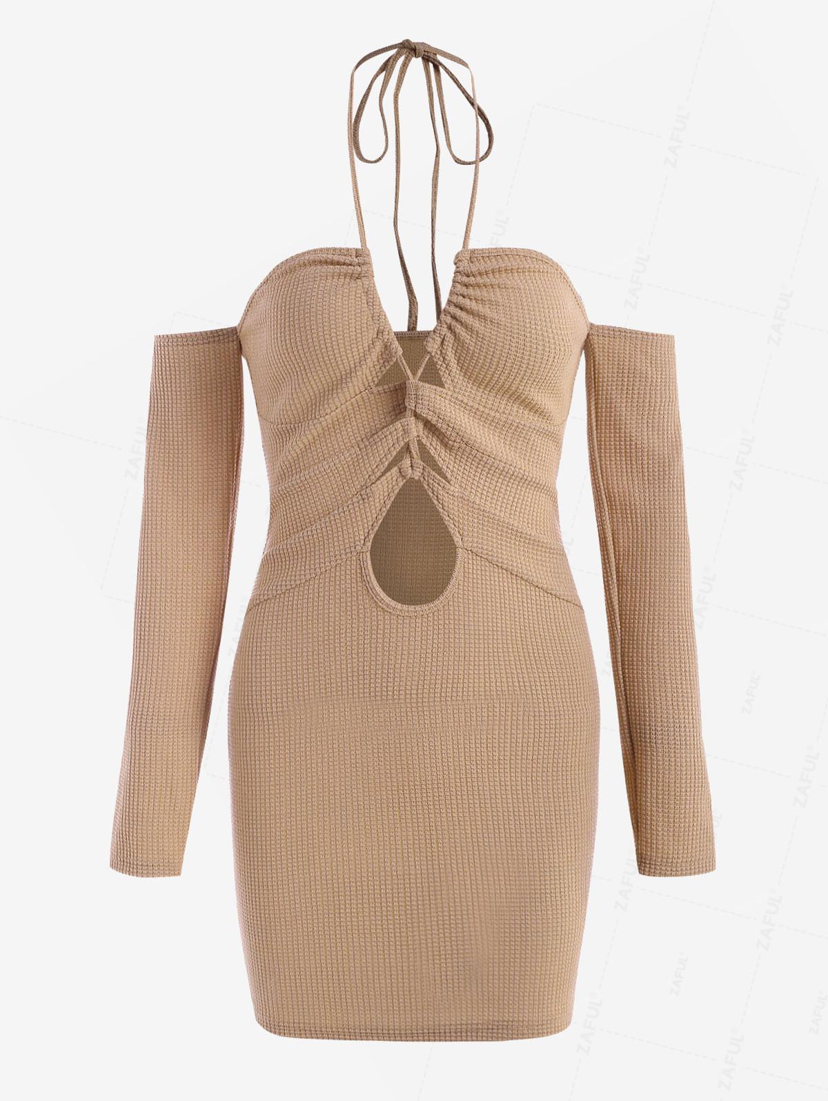 

ZAFUL Lace Up Halter Cold Shoulder Knit Dress