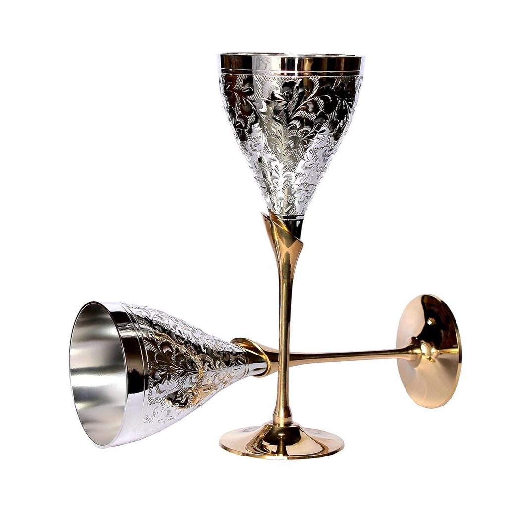 Engraved Copper Plated Brass Wine Goblet Champagne Flutes Coupes Glasses Set of Two - Ideal for Moscow Mule Too (Thick)
