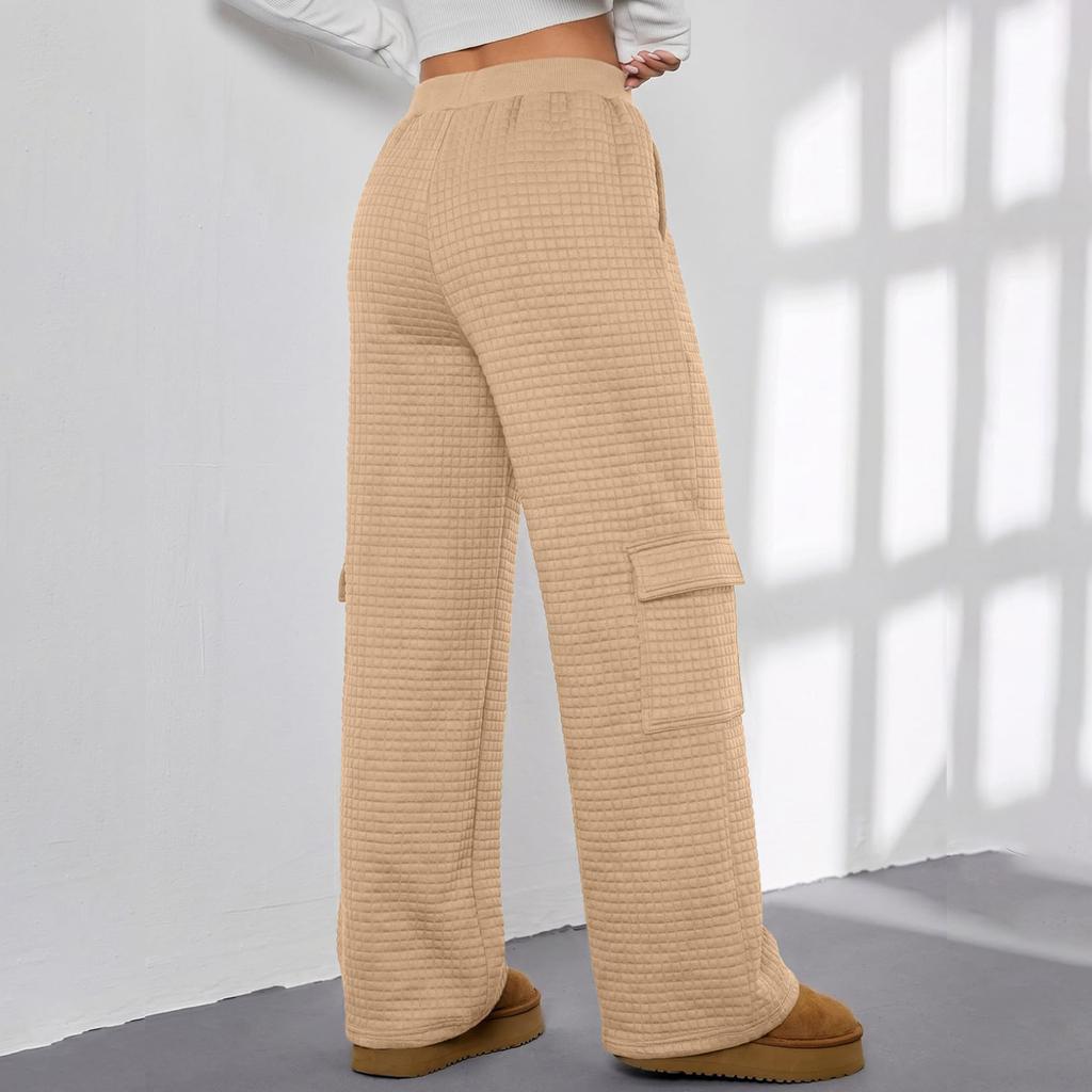 Women Block Texture Wide Leg Sweatpants Cargo Pants with Pockets |