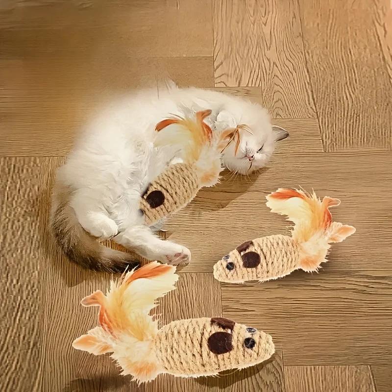 1/5pcs Cat Toys Interactive Feathered Mouse with Sisal Rope Durable Linen Mouse Shape Cat Chew Toy Pet Bite Toys Pet Supplies