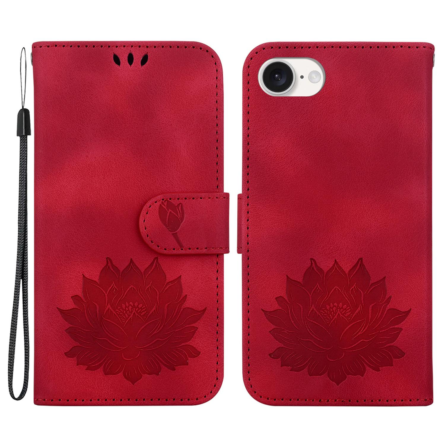 

For iPhone 16e Case PU Leather Lotus Imprinted Phone Cover with Strap Red