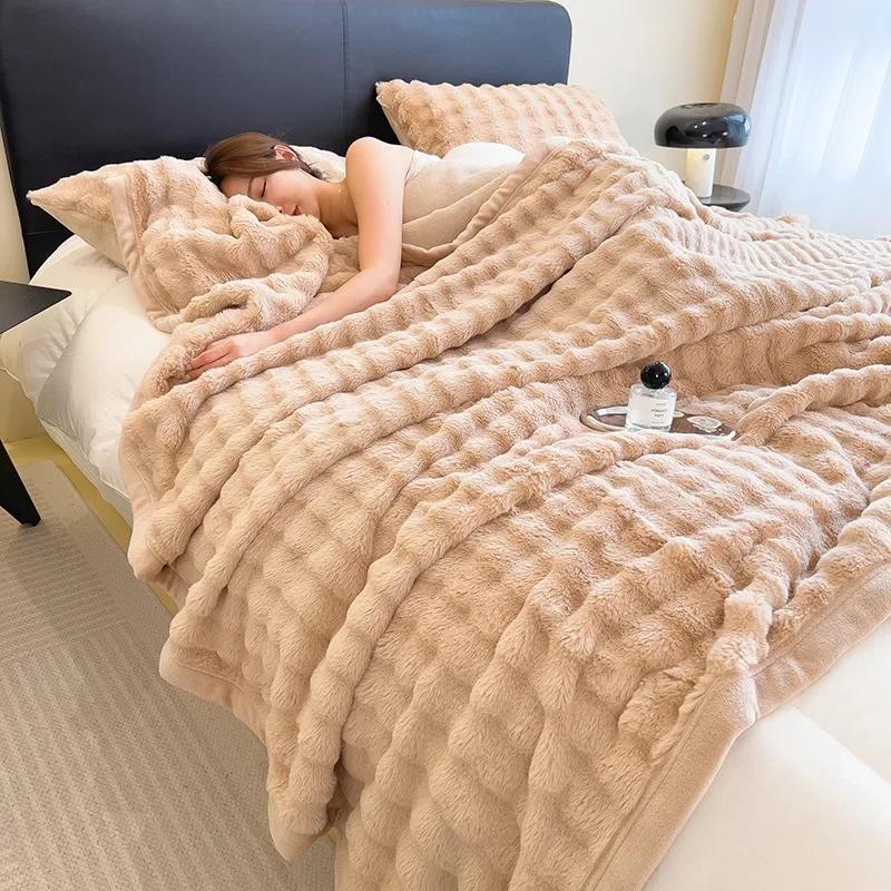 New 600g Big Bubble Rabbit Fur Composite Blanket Milk Fleece Siesta Blanket Double-sided Fleece Sofa Blanket