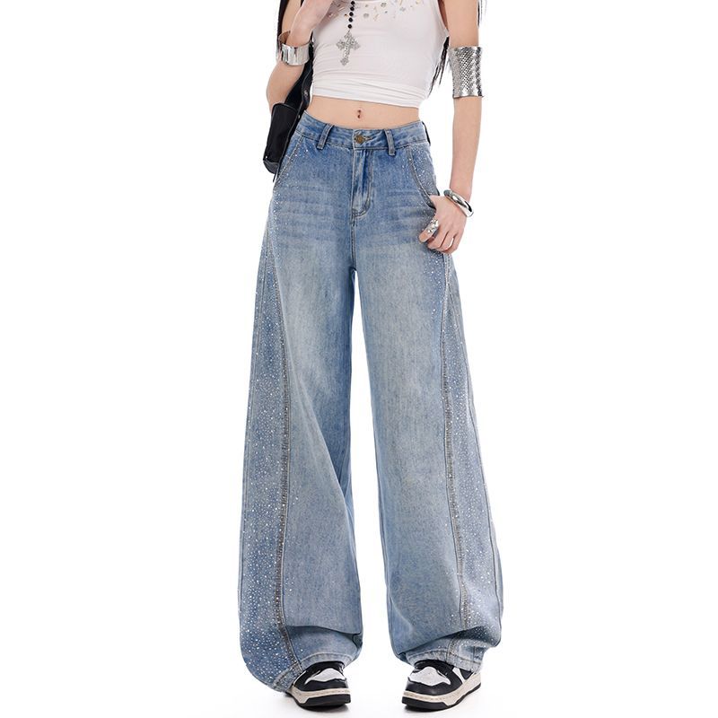 Early Spring Full Star Rhinestone Vintage Street High Waist Slim Fashion Saber Cut Denim Pants For Women Casual Pants Oversize Denim Trousers