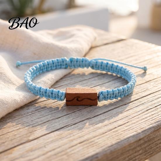 Durable Wear Resistant String Wristband Adjustable Rope Bracelet with Wooden Charm, Ocean Wave/Mountain for Meaningful Gift Boyfriend Girlfriend Women