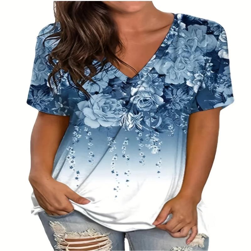 

Нова жіноча літня футболка з 3D-квітковим принтом і V-подібним вирізом з короткими рукавами Вільний зручний м’який святковий топ для відпочинку 6XL