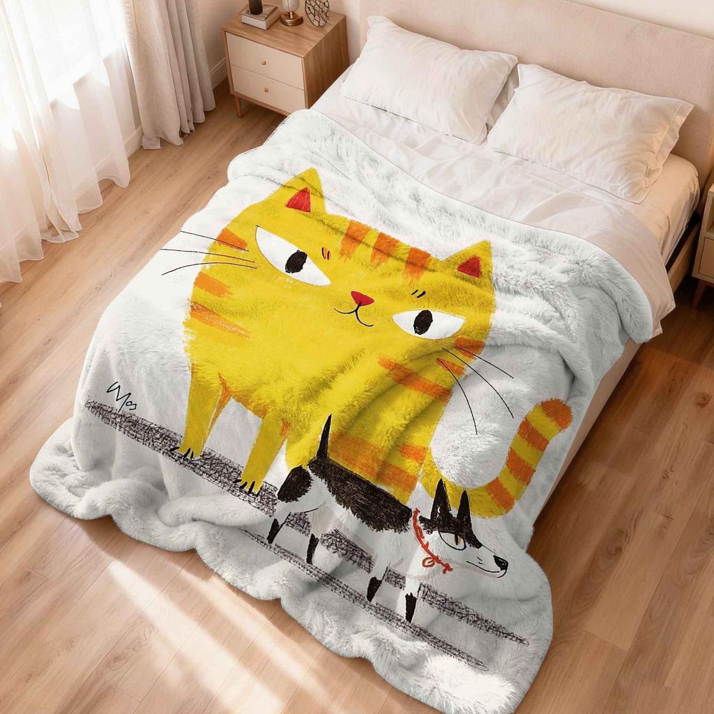 Cartoon Cat and Dog Patterns Flannel Printed Blanket Suitable for All Seasons Suitable for Living Room Office Sofa and Travel