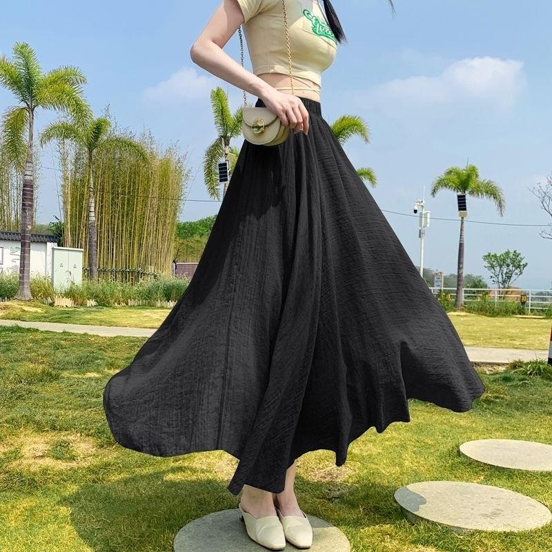 Women's Elegant Loose High Waist Linen Maxi Skirt Summer Ladies Oversized Casual Elastic Waist 2 Layers Skirts