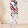 Women Plus Size Patriotic Eagle And Stripe Print Scrub Set Short Sleeve V Neck Top And Wide Long Pants Medical Uniform