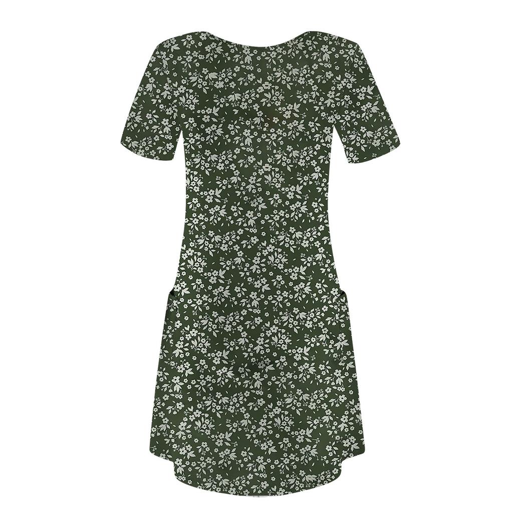 Women's Fashion Casual Printed With Pockets Bohemian Beach V-Neck Short Sleeve Dresses