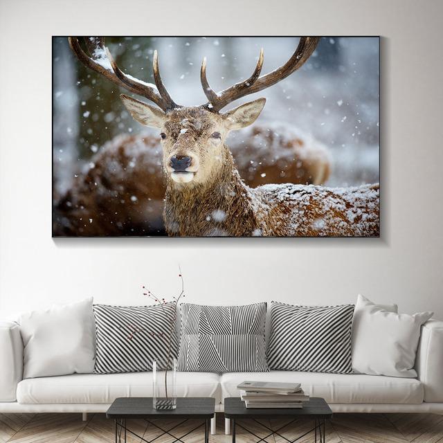 Animal Noble Deer In Winter Snow Forest Canvas Painting Posters and Prints Wall Art Pictures For Living Room Home Decor No Frame
