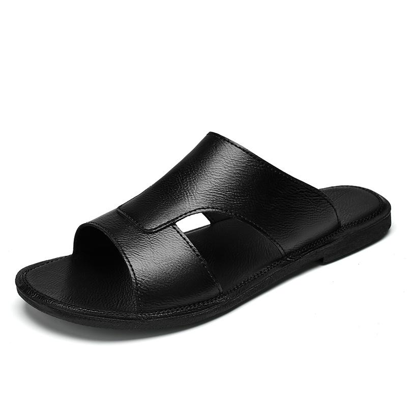 

4213 Men S Shoes Cool Slippers Open-Toed One-Word Slippers Set Feet Handmade Large-Size Leather Surface Summer Half-Drag Sandals Tide 47 чорний