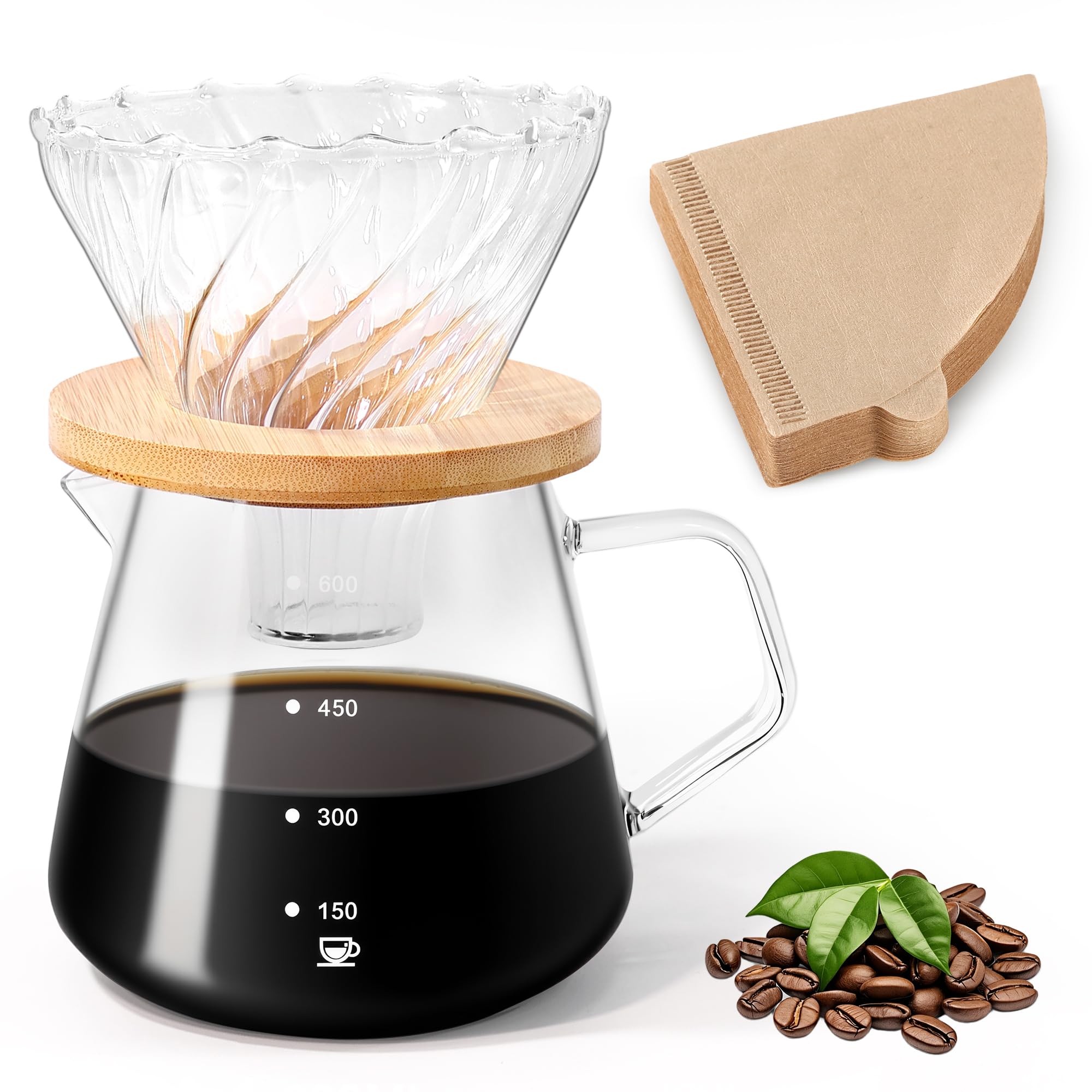 FGIUKC Coffee Glass with Bamboo 600ml Capacity with Serves V60 Hand Drip Coffee Drip Perfect for Cafes and Coffee Shops Server, Heat-Resistant Holder,