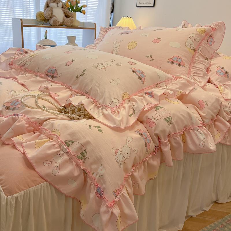 3/4Pc Korean Princess Style Floral Ruffles Bedding Set Single Queen Size Soft Skin-friendly Washed Cotton Duvet Cover Pillowcase