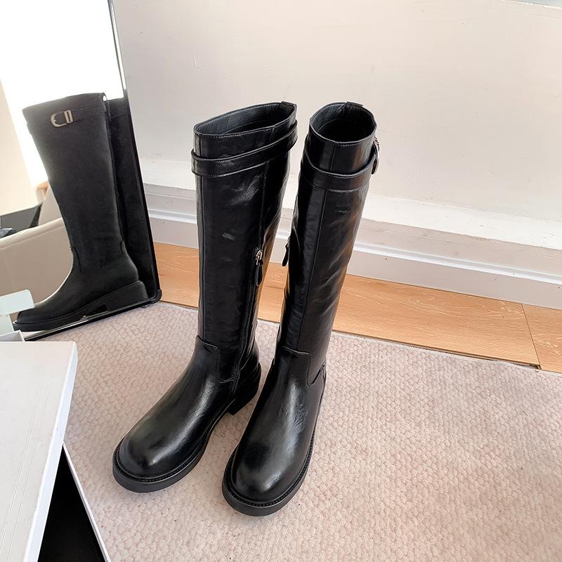 

Потертая коровья кожа осенне-зимние тонкие высокие сапоги с пряжкой ремня женские на толстом каблуке на толстой подошве длинные сапоги для верховой езды 40