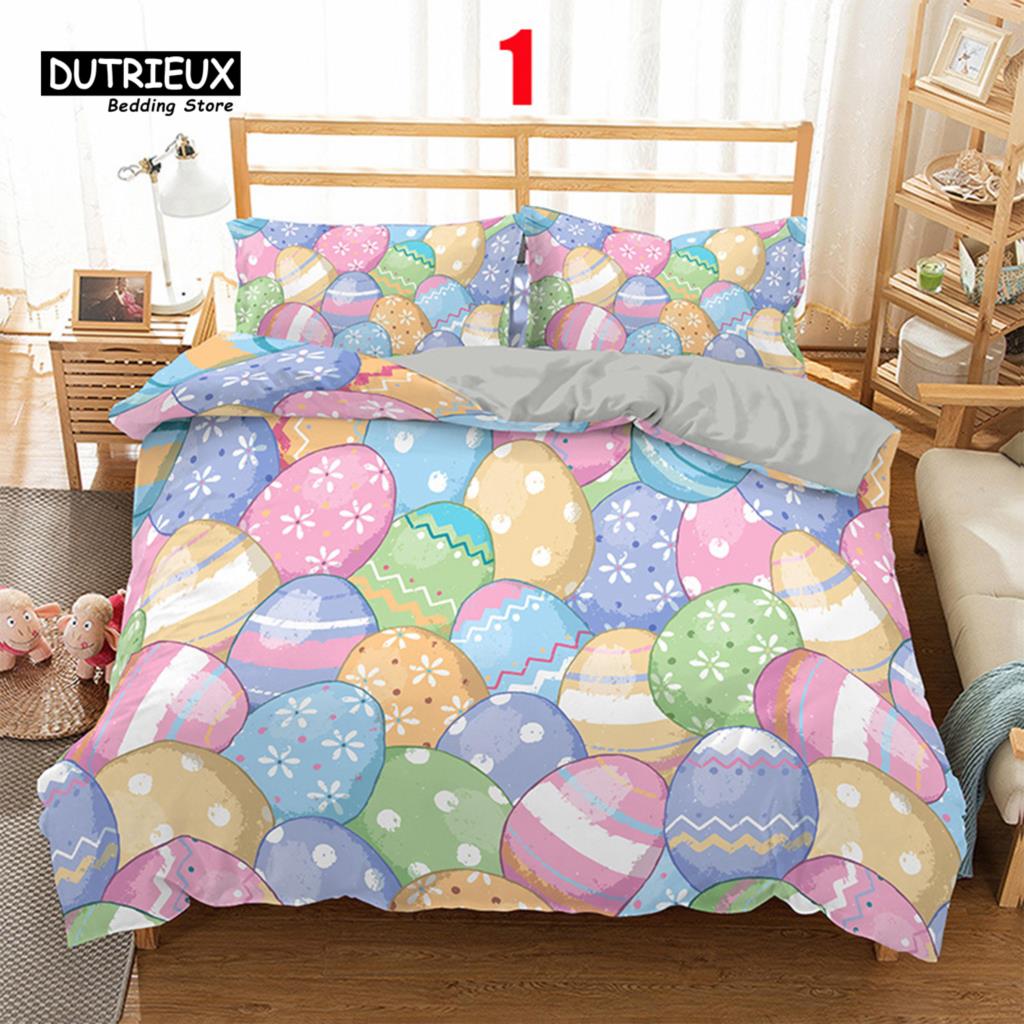 Soft Easter Eggs Bedding Set 3D Print Rabbit Cartoon Eggs Duvet Cover Polyester Pillowcase Greetings and Presents For Easter Day