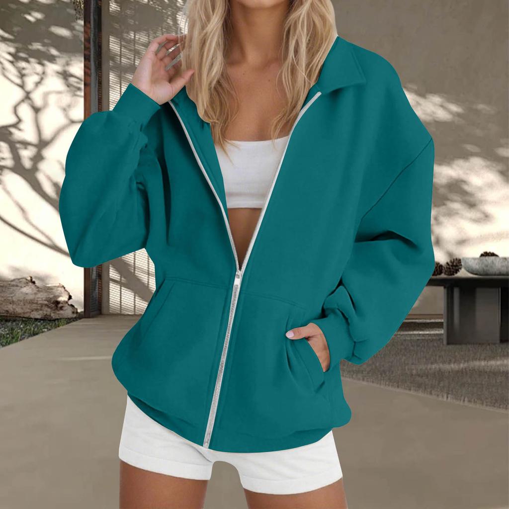 Women's  Fashion Zipper Hoodie Long Sleeve Hooded Pullover Sweatshirt Casual Solid Color Tops With Pockets