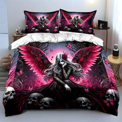Gothic Pink Wing Dark Angel Skull Butterfly Bedding Set,Horror Witch Girl Floral Print Duvet Cover,Soft Microfiber Duvet Cover