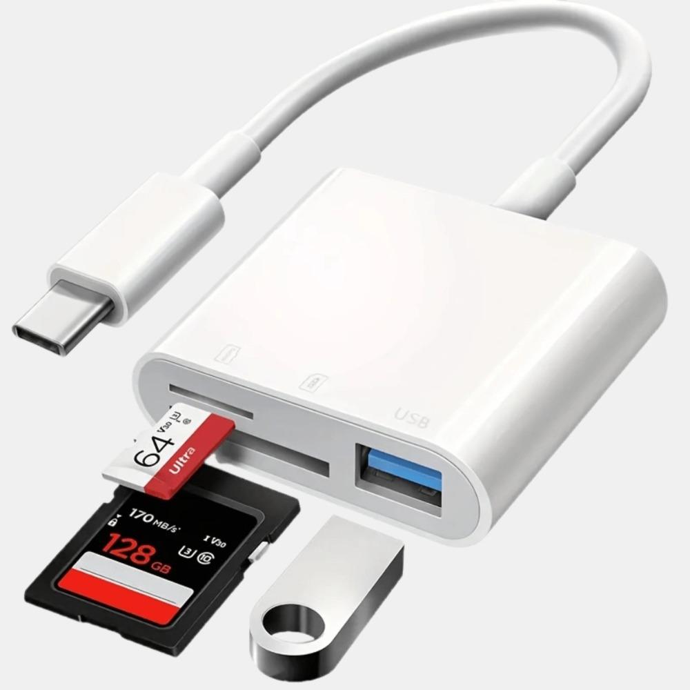 

USB-C кард-ридер для карт SD/TF/Micro SD, OTG-адаптер - Высокоскоростная передача данных, Компактный и портативный дизайн белый