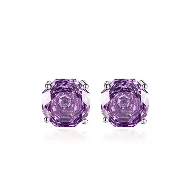 Sterling Purple Amethyst Stud Earrings Women Geometric Ice-Cut Floral Design Elegant Daily Wear