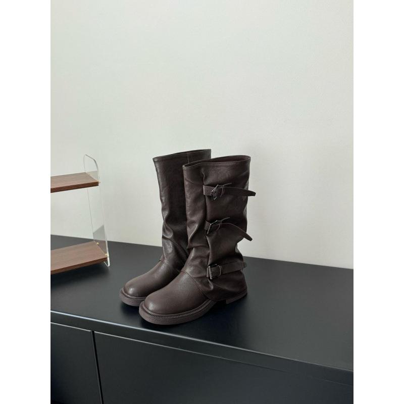 

Ботильоны средней высоты на толстой подошве с плиссировкой и пряжкой для ремня женские 2025 осень и зима новые популярные брюки ковбойские ботинки ins трендовые ботинки 40 коричневый
