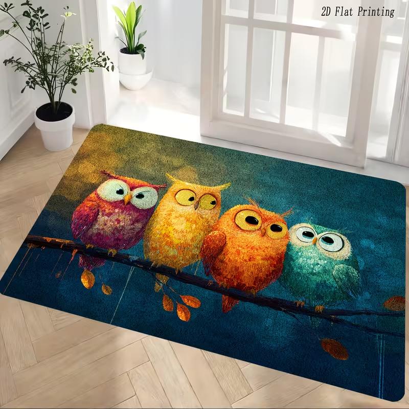 Eulen-Druck Matte, Rutschfeste Matte für Eingangsbereich, Wohnzimmer, Schlafzimmer, Badezimmer, Küche, Waschküche Innen Willkommensmatte 40cm x 60cm brown