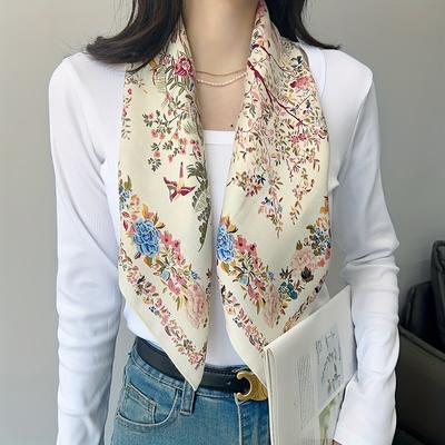 Eleganter quadratischer Schal mit Blumenmuster für Damen, weiches Polyester, vielseitiges Modeaccessoire für Freizeitaktivitäten
