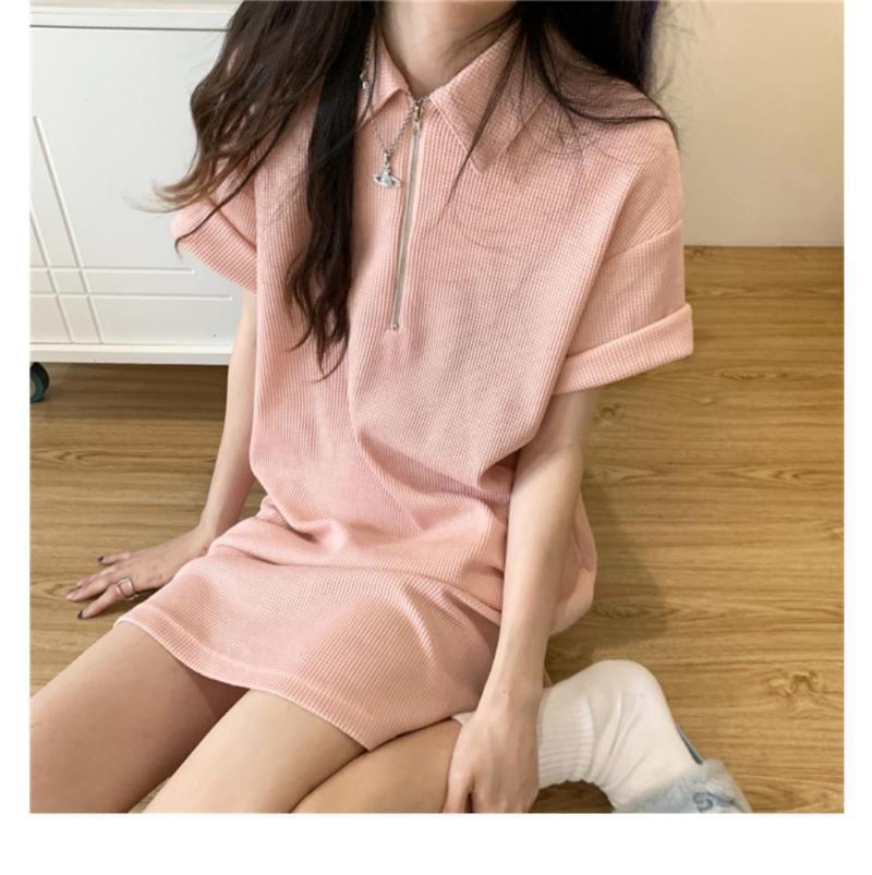 Waffle Polo Collar Straight Summer Dress 2024 - Women's Simple, Solid, Age-Reducing Short Skirt