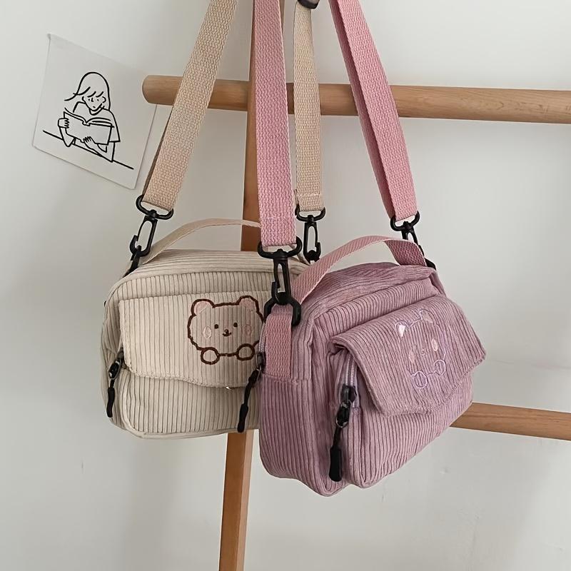 Elegant Corduroy Messenger Bag - Dual-Use, Removable Strap, Zipper Closure, Polyester Lined, 1pc | Black, Pink, Khaki, Dark Brown