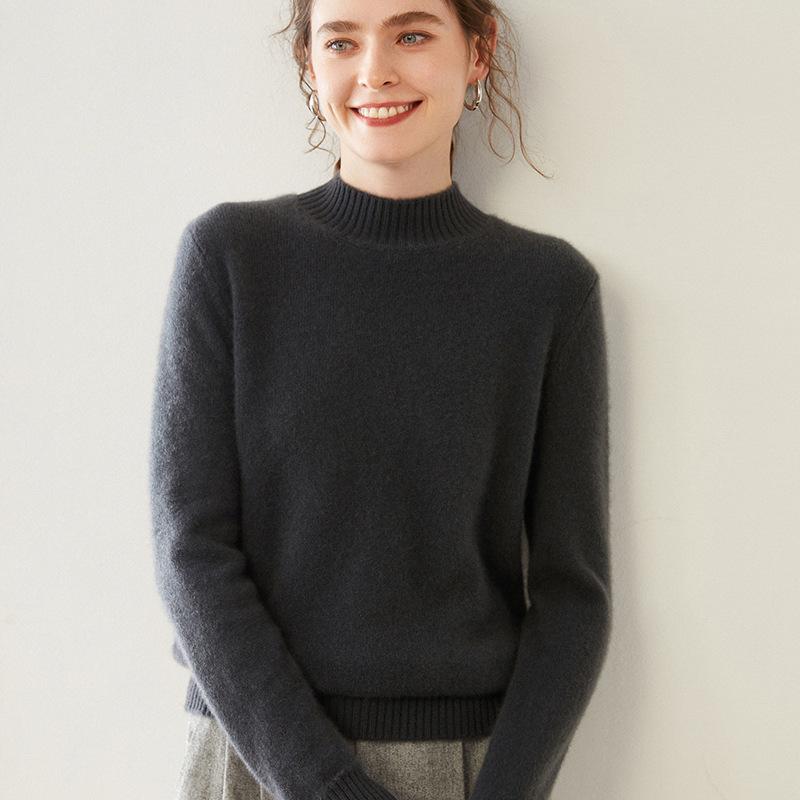 Women's Cashmere Half-High Collar Solid Color Pullover Sweater for Autumn/Winter - Loose, Thickened, Knit Base Layer