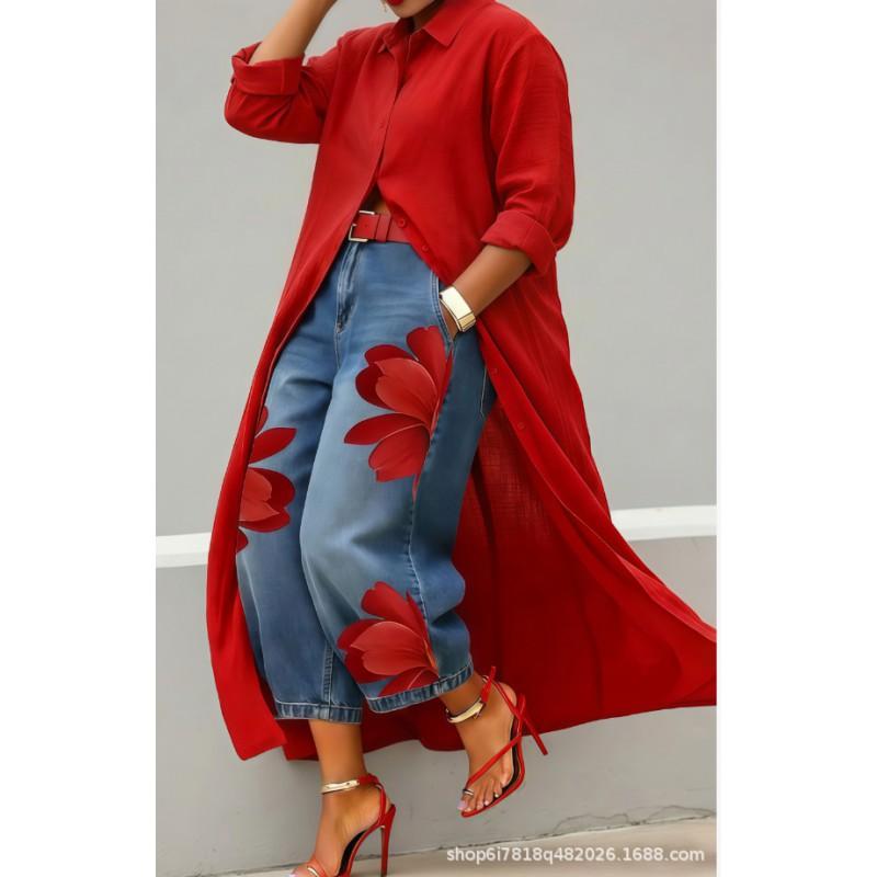 2026 Womens Wide Leg Denim Pants Loose Fit Printed Casual Trousers Mid-Rise Straight Cut