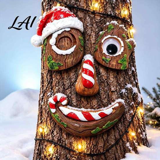 Tree Hugger Holiday Ornament 5 Pcs/Set Outdoor Face Decor Christmas Resin Art with Whimsical Yard Sculpture Santa Hat Funny Eyes Nose Mouth Set for