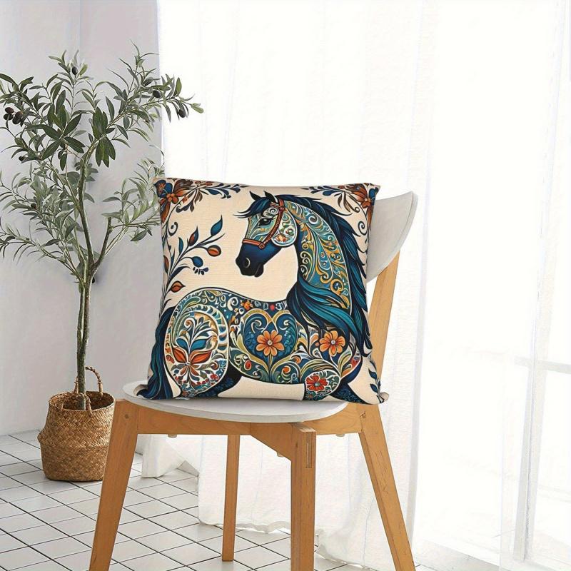 Vikama Bohemian-Style Horse Pillow Cover Soft Machine-Washable Decorative Cushion Case For Home Sofa Bedroom