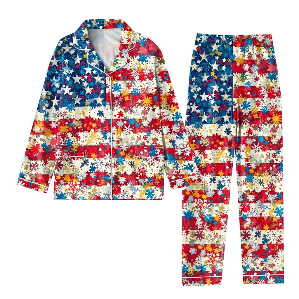 Child 2 Piece Christmas Day Printed Suit Long Sleeve Button Up Top Wide Leg Pants Suit Set Pajamas Home Casual Suit