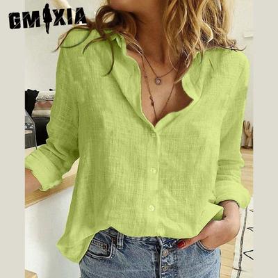 Damenmode, lässig, einfarbig, langärmelig, mit POLO-Ausschnitt, lockere T-Shirts und Leinenhemd-Tops