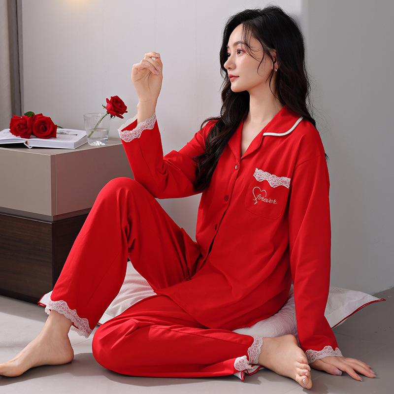 Pajamas Women's Spring and Autumn Pure Cotton Long-sleeved Autumn Red Natal Year New Wedding Festive Autumn and Winter Bride Wedding Loungewear