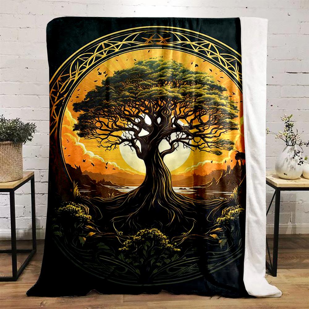 Majestic Tree with Sunset Glow Design Flannel Blanket for Bedroom, Living Room, Sofa, and Nap Sofas