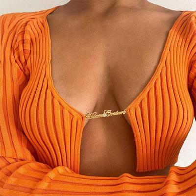 Knitted Cropped Sweaters Women Chain V Neck Long Sleeve Cardigan Tops Pullovers Oversized Clothes Solid S-L