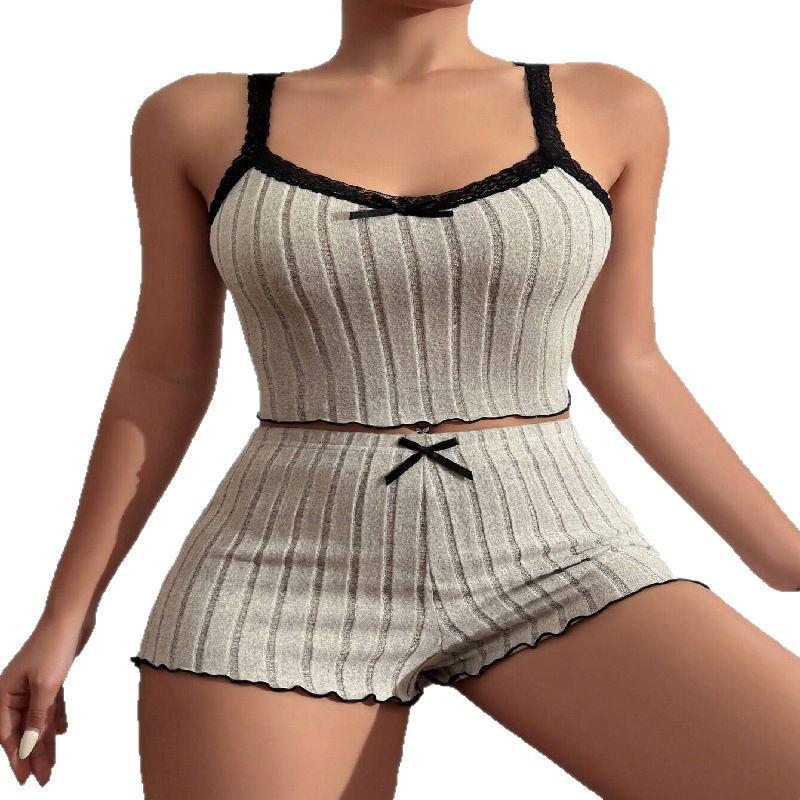Women's Elastic Pajama Set: Lace Trim Camisole & Ribbed Knit Fleece Shorts