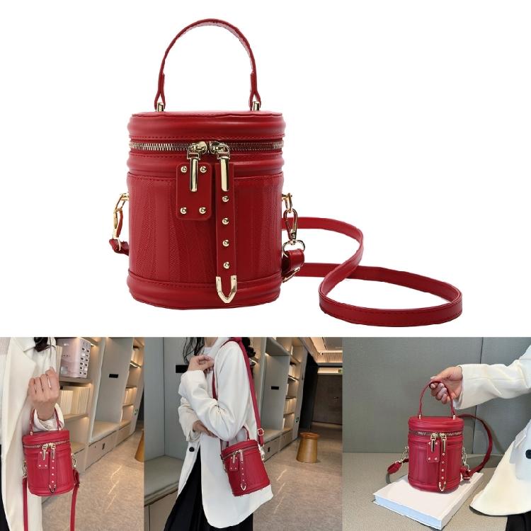 Shoulder Crossbody Bag PU Leather Cylinder Bag Bucket Handbag for Daily Activity
