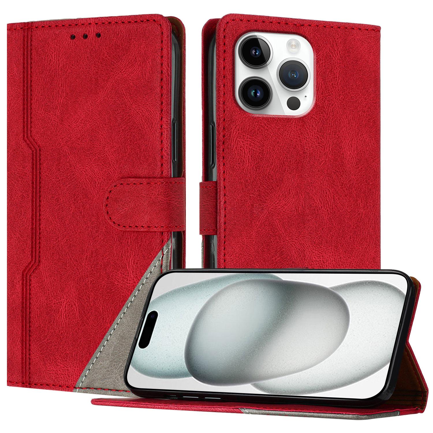 

For iPhone 16 Pro Max Leather Case Triangle Patchwork Wallet Stand Shockproof Phone Cover Red