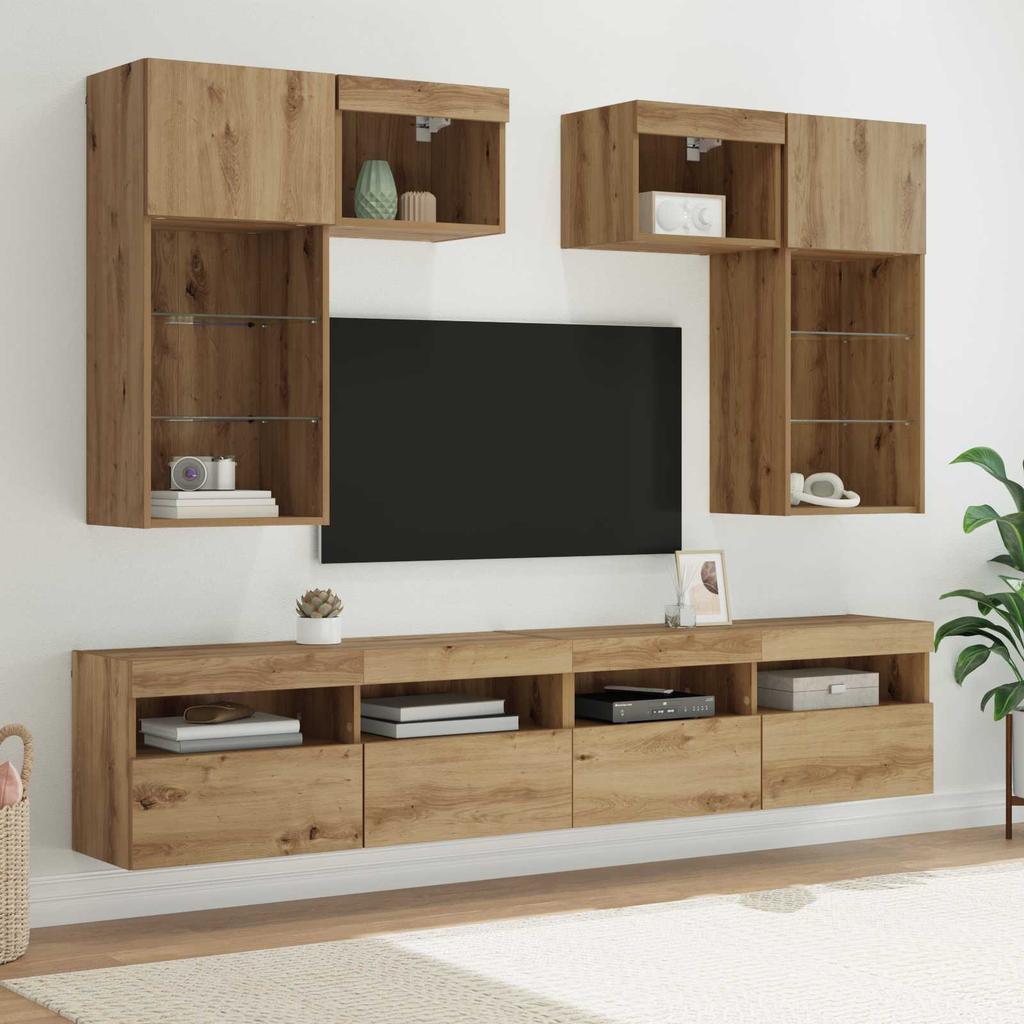 TV Wall Unit with LED Light Strips 6 pcs Reclaimed Wood Effect Particleboard
