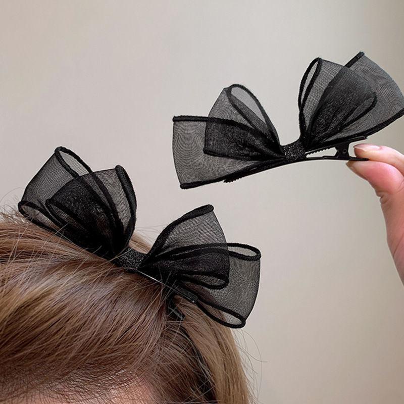 2PCS Three Dimensional Mesh Bow Hairpin, Sweet Super Fairy Black Side Clip Headdress Duck Beak Clip