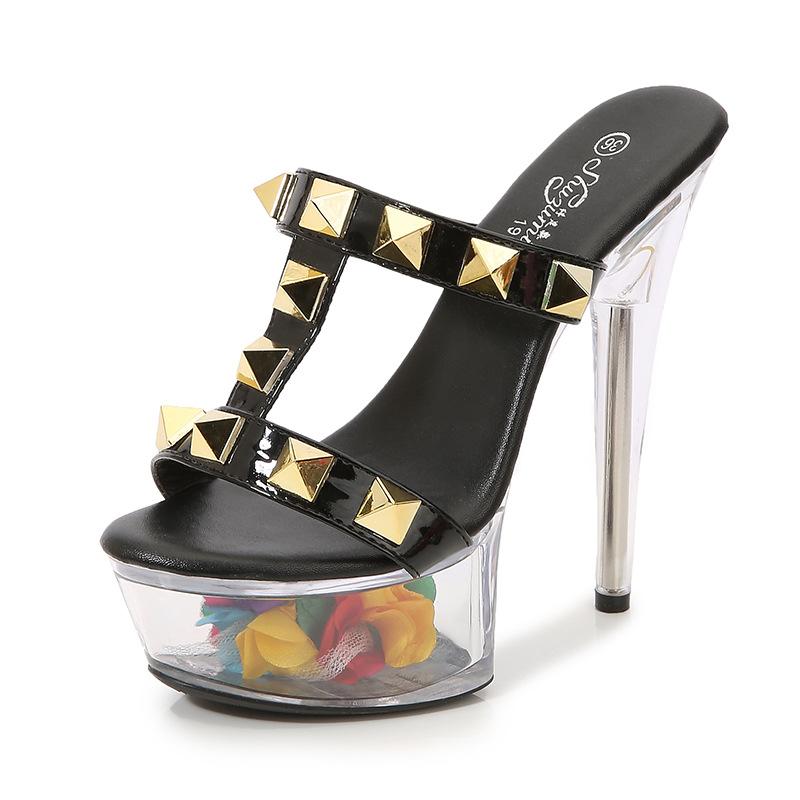 

Женские босоножки на платформе с золотыми заклепками, сексуальные прозрачные босоножки на платформе с кристаллами и цветком LFD-190-38 43