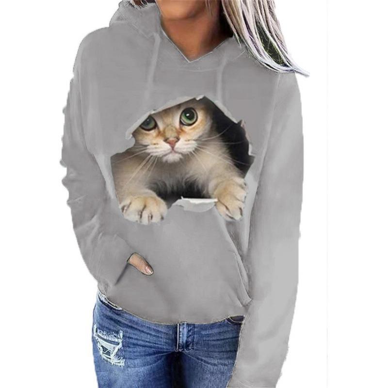 Autumn And Winter New Trendy Women'S Clothing Long-Sleeved Cat Casual Pullover Hooded Sweater Jacket